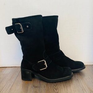 ASH Womens Black Suede Mid Calf Engineer Biker Pull On Boots, 7 / 38.